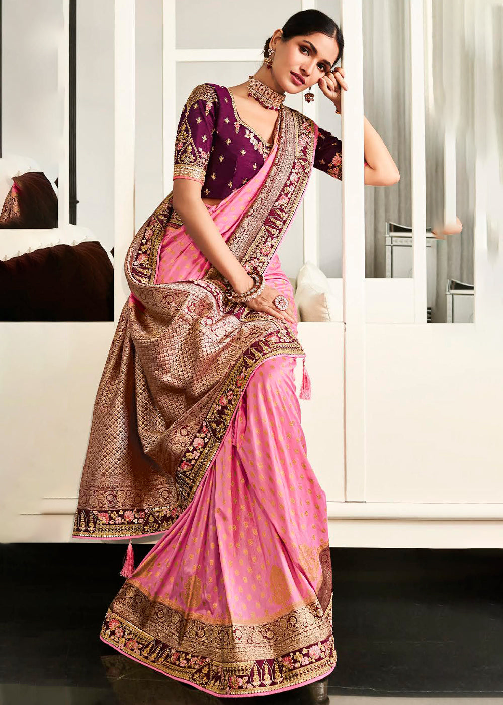 Unleash Your Glamorous Side with the Pink Woven Designer Satin Silk Saree