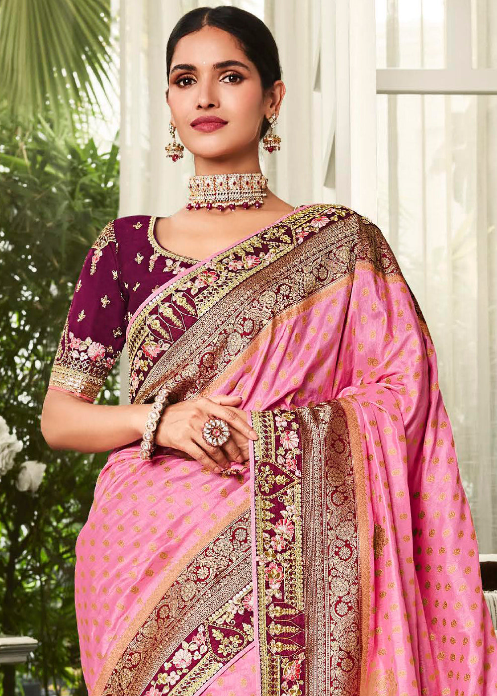 Unleash Your Glamorous Side with the Pink Woven Designer Satin Silk Saree