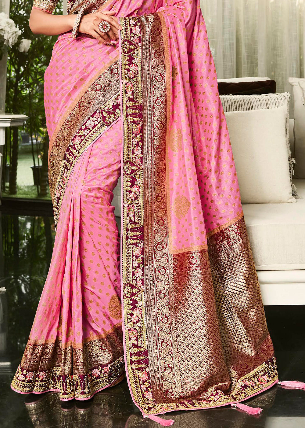 Unleash Your Glamorous Side with the Pink Woven Designer Satin Silk Saree