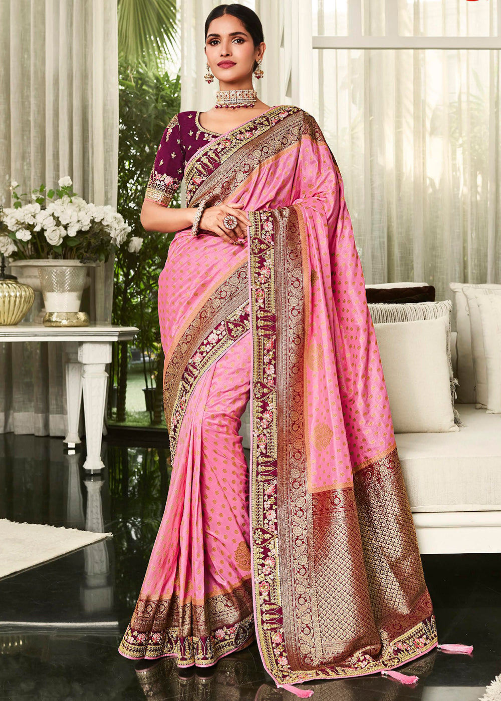 Unleash Your Glamorous Side with the Pink Woven Designer Satin Silk Saree