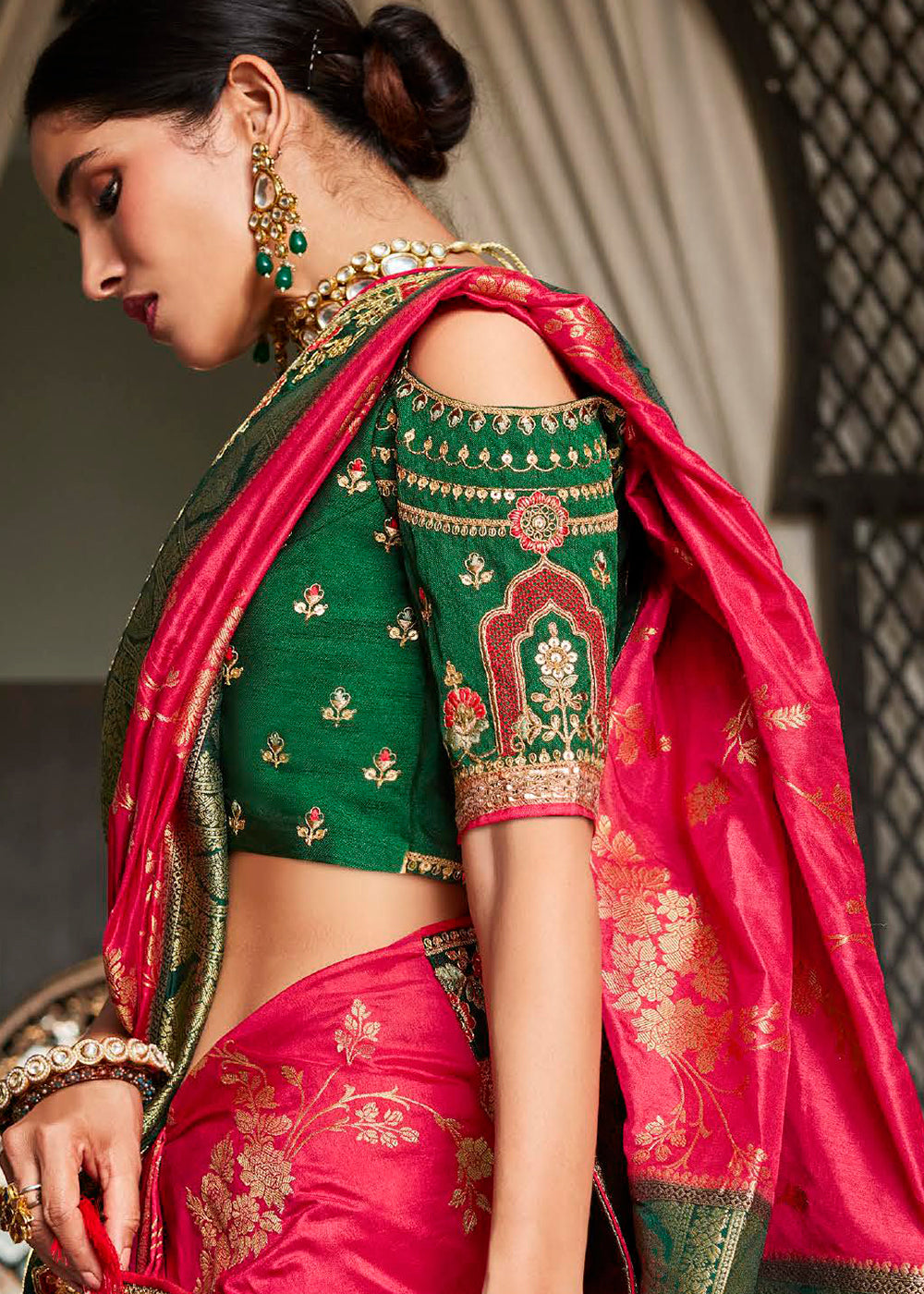 Regal Bride Red Designer Satin Silk Saree with Woven Design