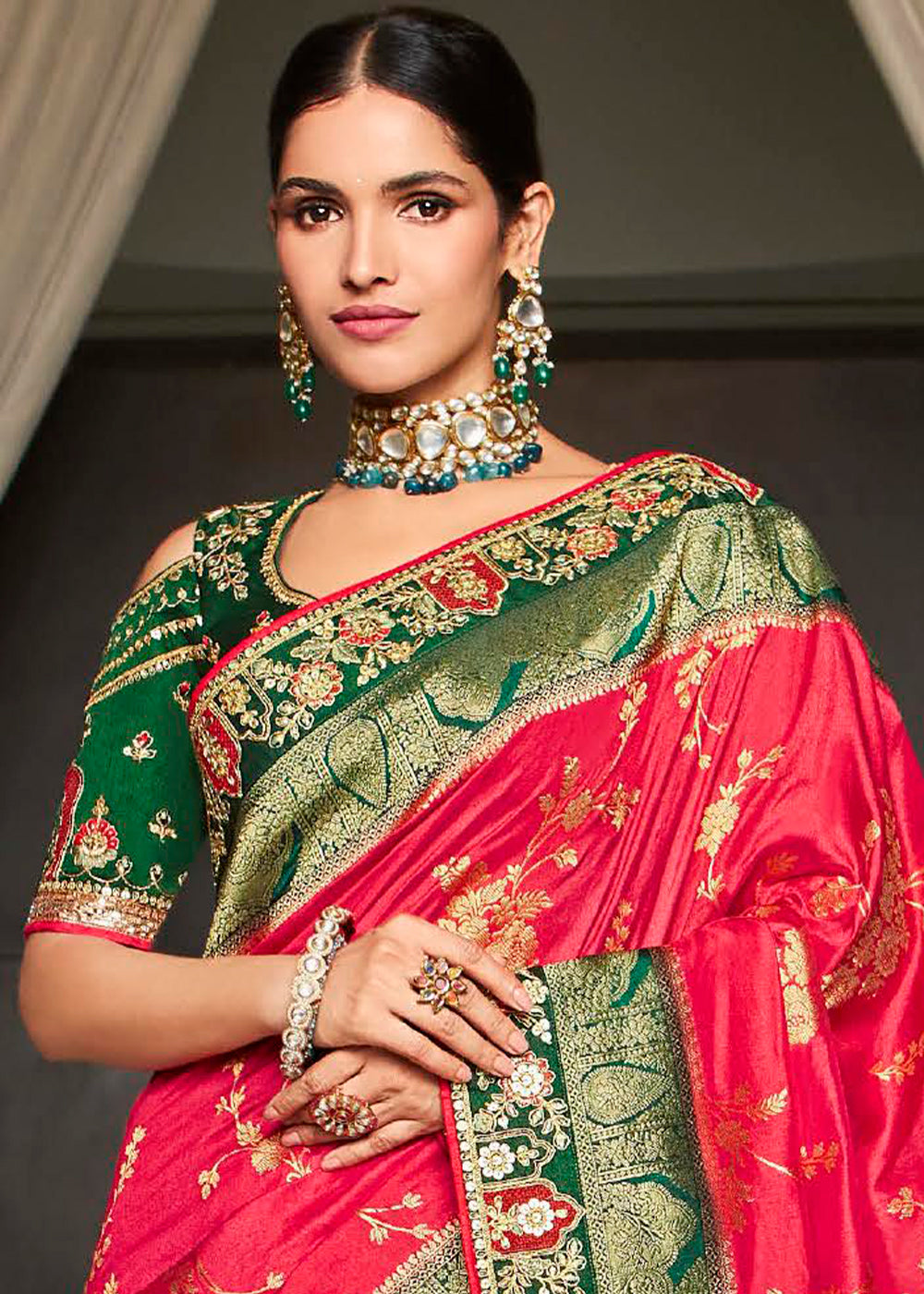 Regal Bride Red Designer Satin Silk Saree with Woven Design