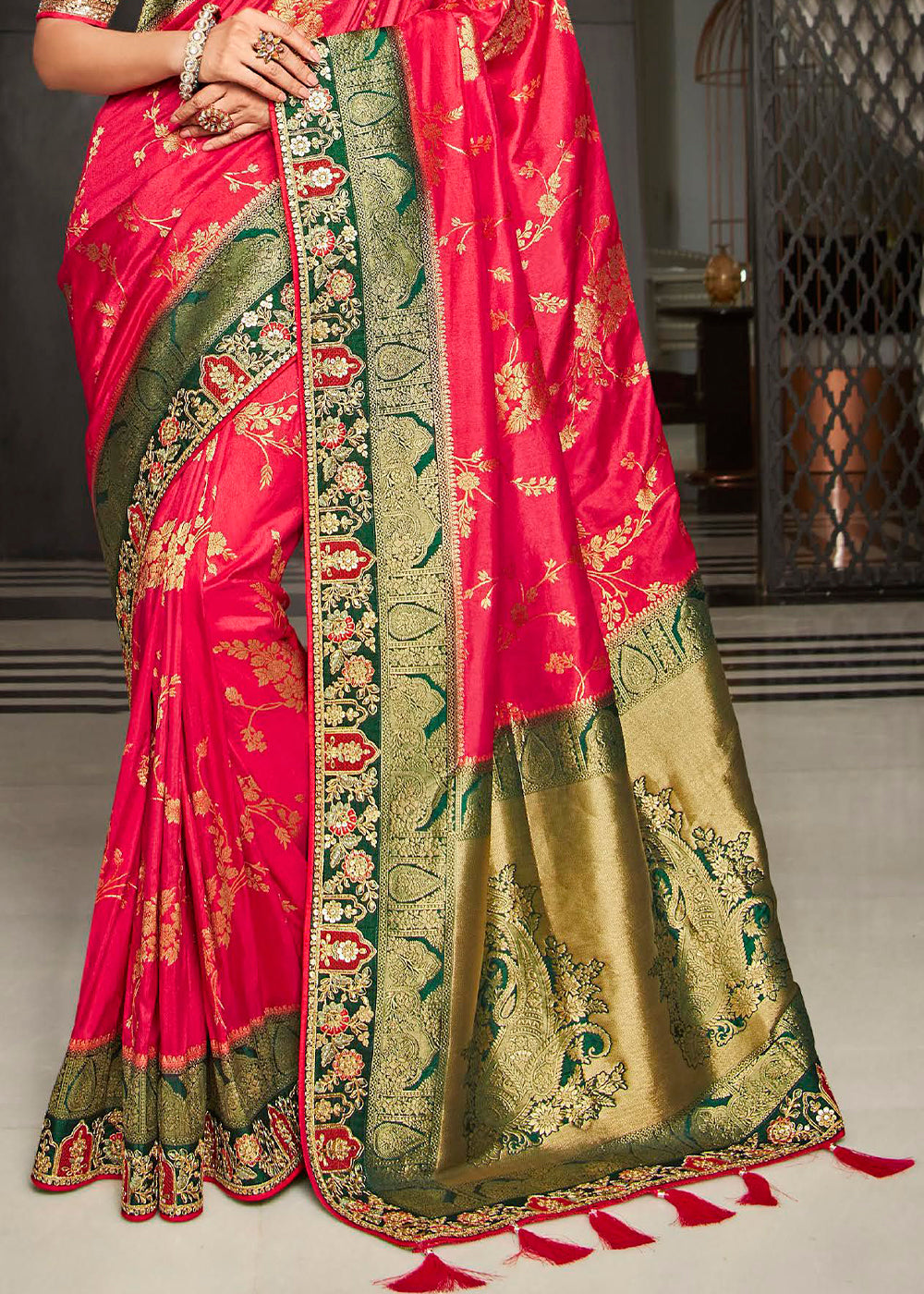 Regal Bride Red Designer Satin Silk Saree with Woven Design