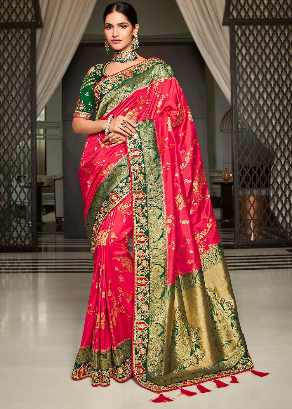 Regal Bride Red Designer Satin Silk Saree with Woven Design