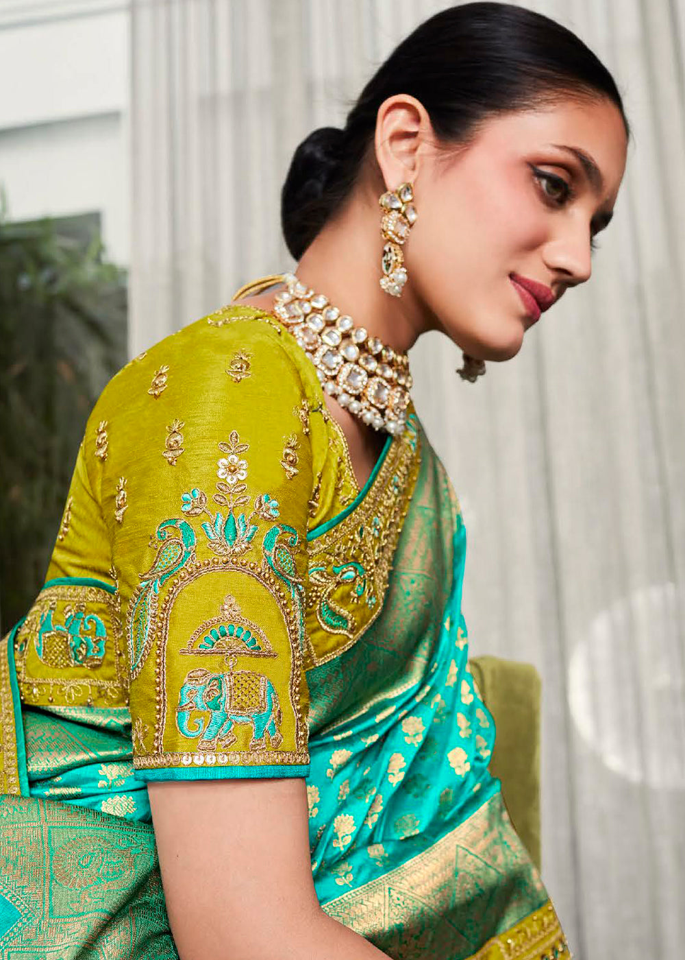 Glorious Green Designer Satin Silk Saree with Woven Detailing