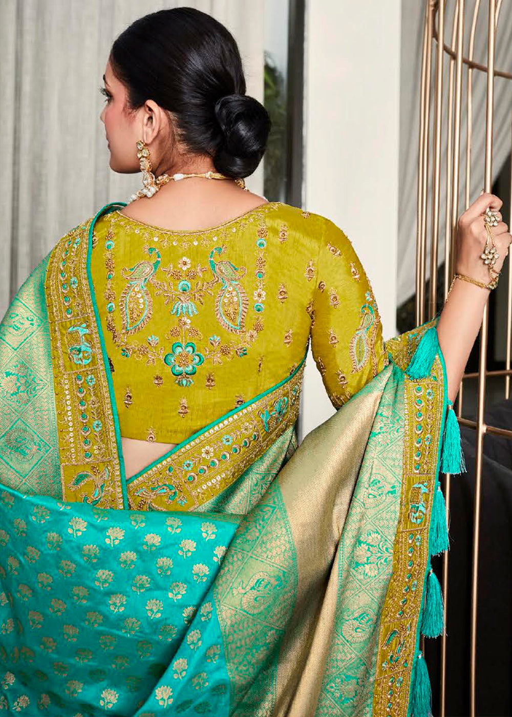 Glorious Green Designer Satin Silk Saree with Woven Detailing