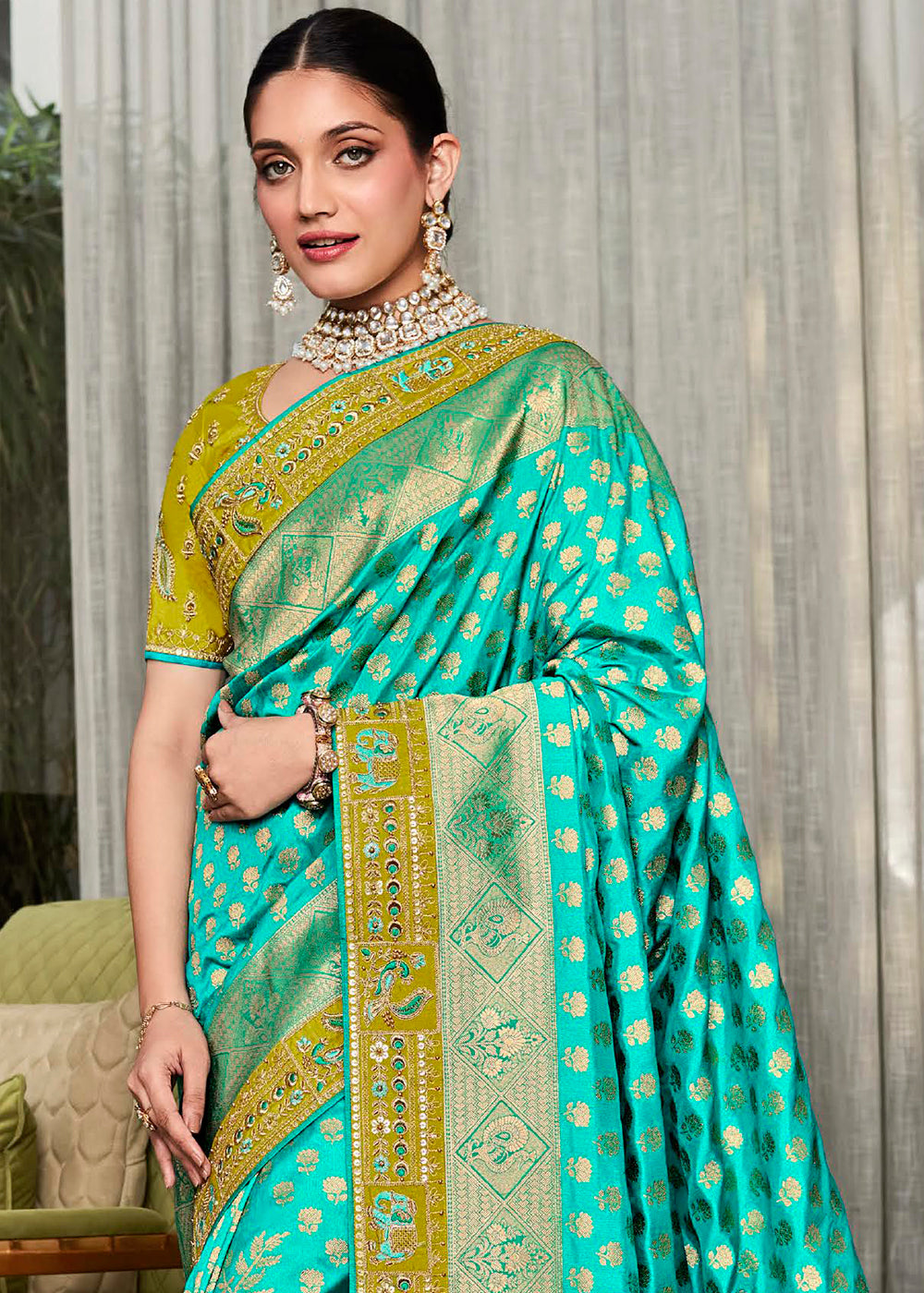 Glorious Green Designer Satin Silk Saree with Woven Detailing