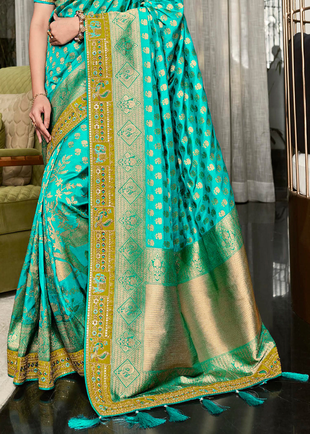 Glorious Green Designer Satin Silk Saree with Woven Detailing