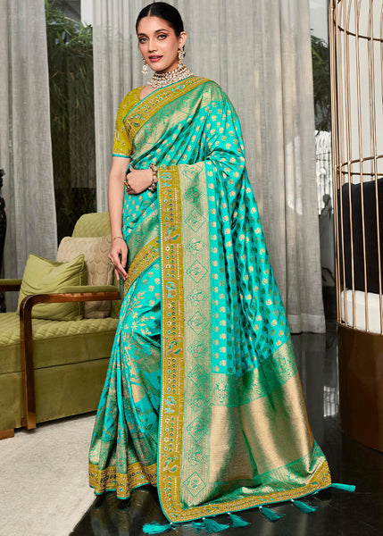 Glorious Green Designer Satin Silk Saree with Woven Detailing