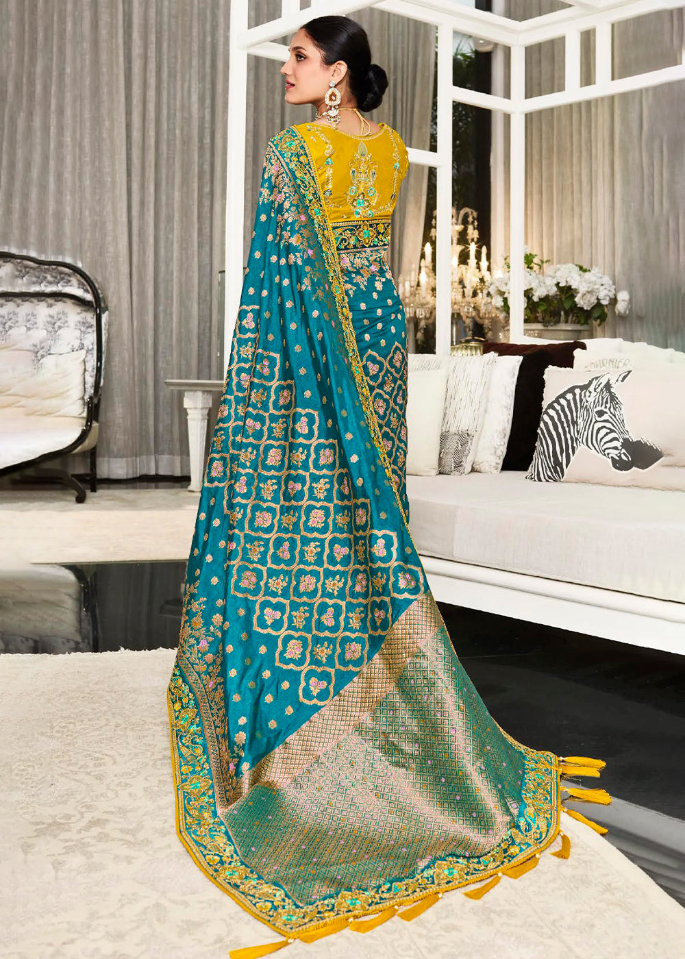 Mesmerizing Azure Blue Designer Satin Silk Saree with Woven Detailing