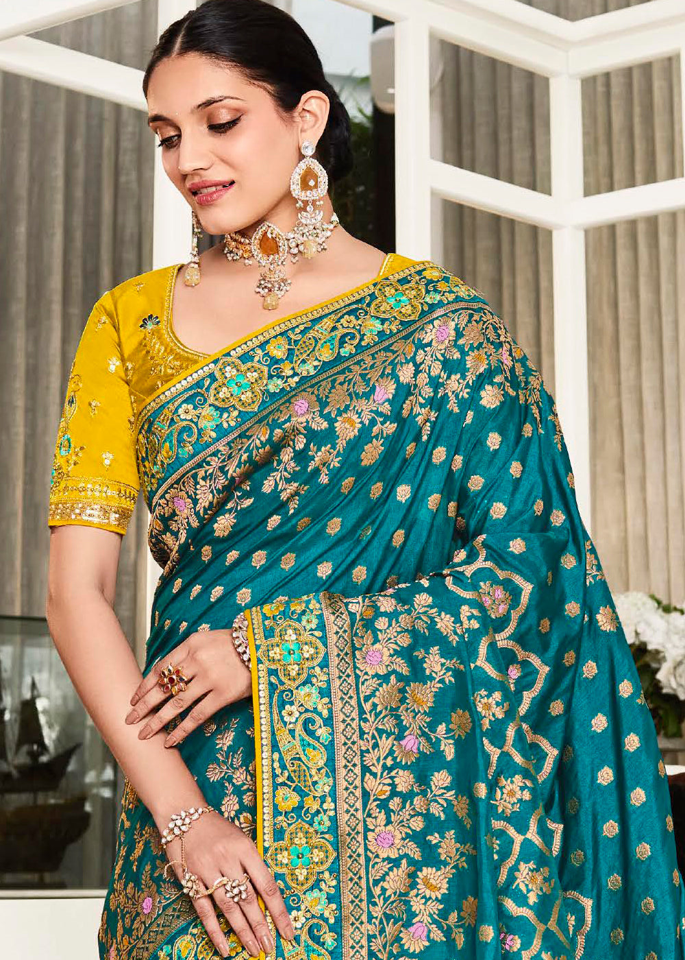 Mesmerizing Azure Blue Designer Satin Silk Saree with Woven Detailing