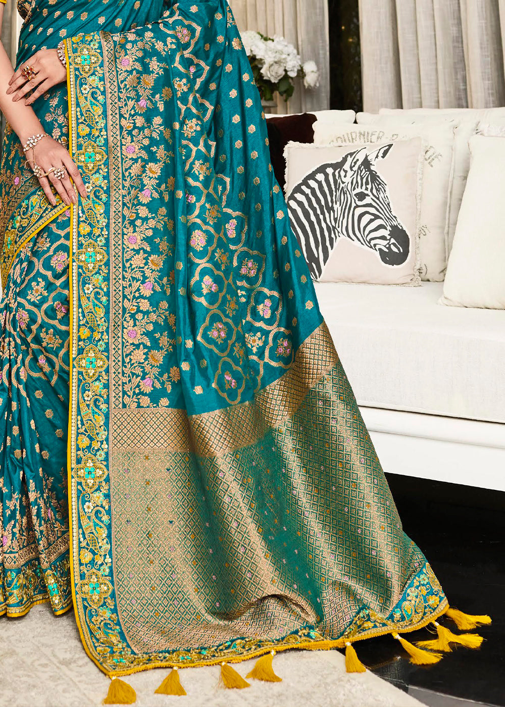 Mesmerizing Azure Blue Designer Satin Silk Saree with Woven Detailing