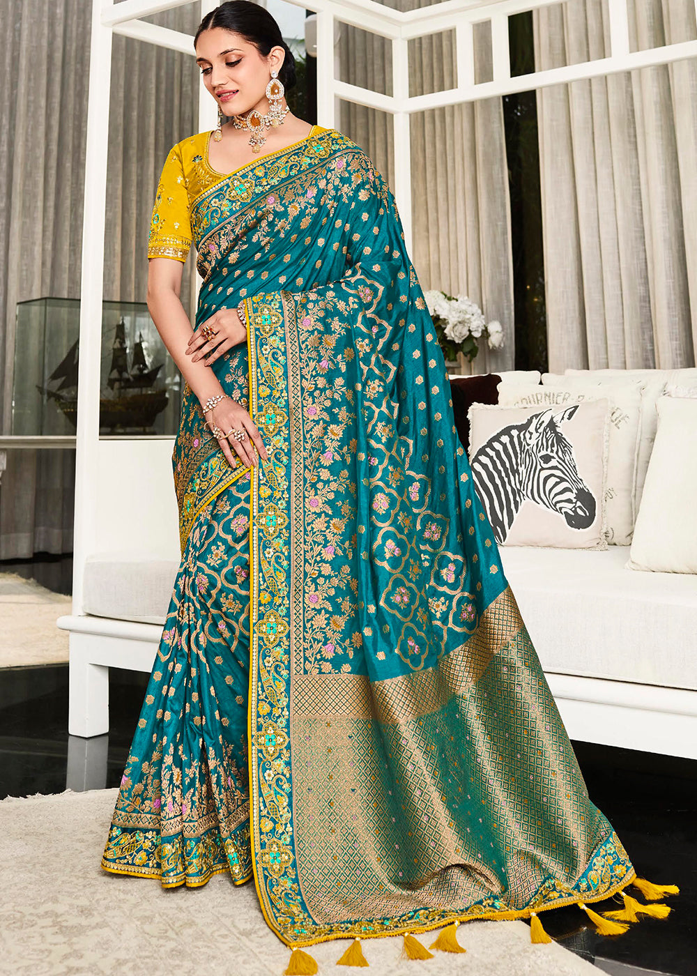 Mesmerizing Azure Blue Designer Satin Silk Saree with Woven Detailing