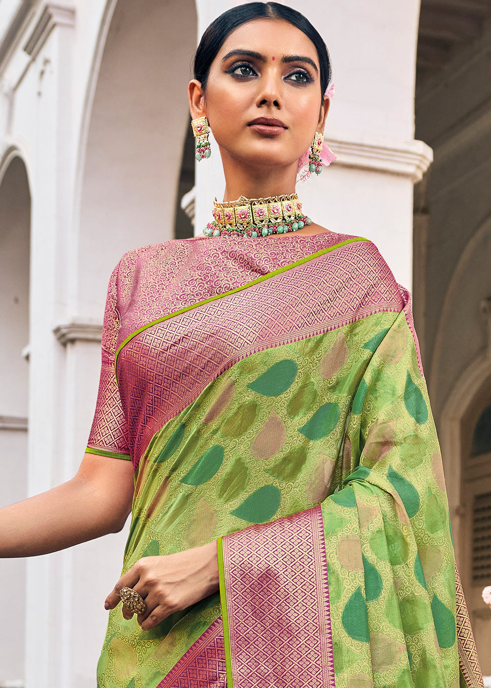 Enchanting Emerald: Green Woven Banarasi Organza Silk Saree