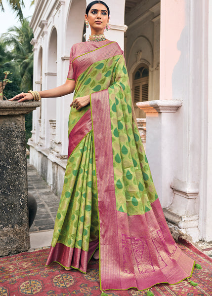 Enchanting Emerald: Green Woven Banarasi Organza Silk Saree