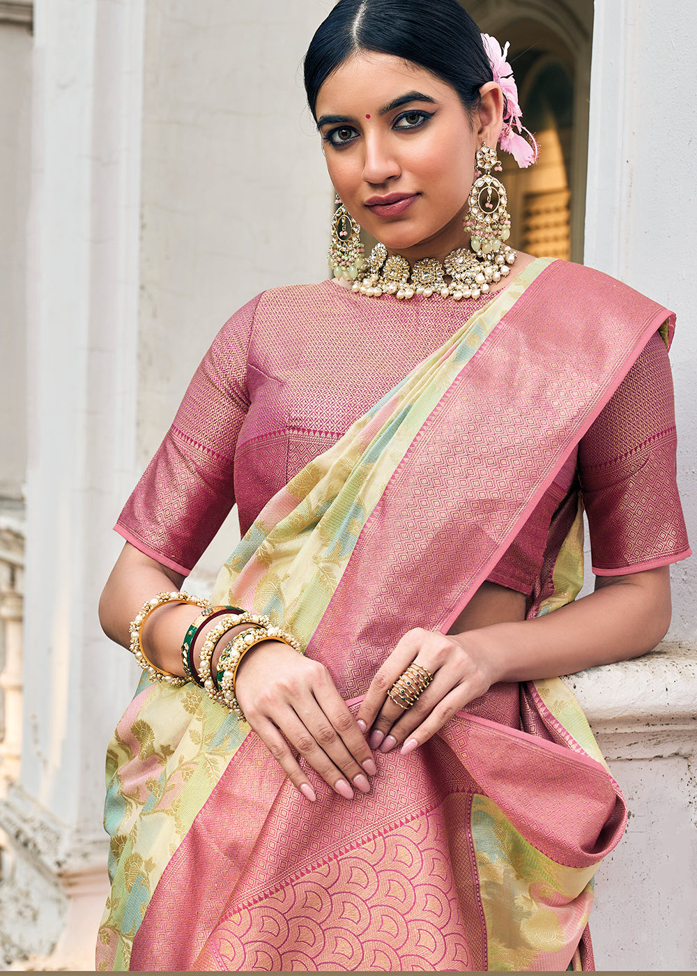 Sunny Radiance: Yellow Woven Banarasi Organza Silk Saree