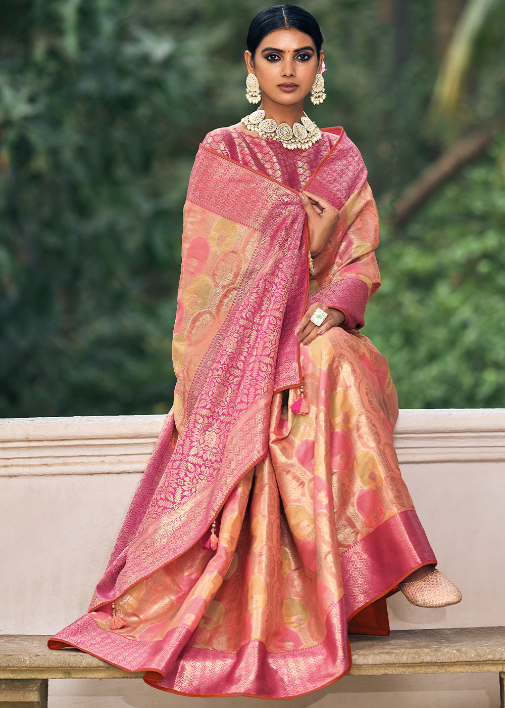 Ethereal Elegance: Beige and Peach Woven Banarasi Organza Silk Saree