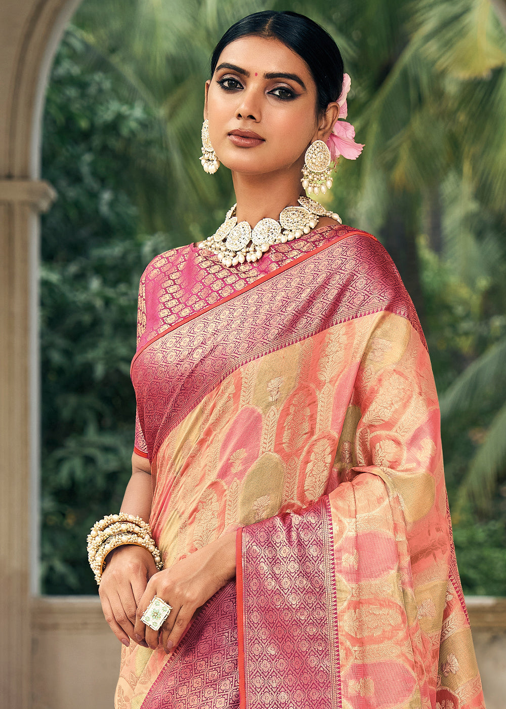 Ethereal Elegance: Beige and Peach Woven Banarasi Organza Silk Saree