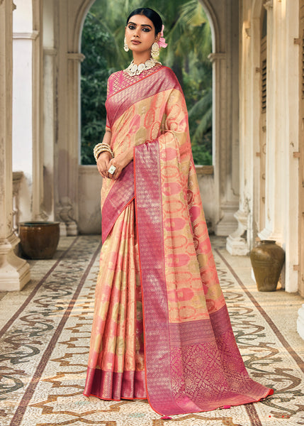 Ethereal Elegance: Beige and Peach Woven Banarasi Organza Silk Saree