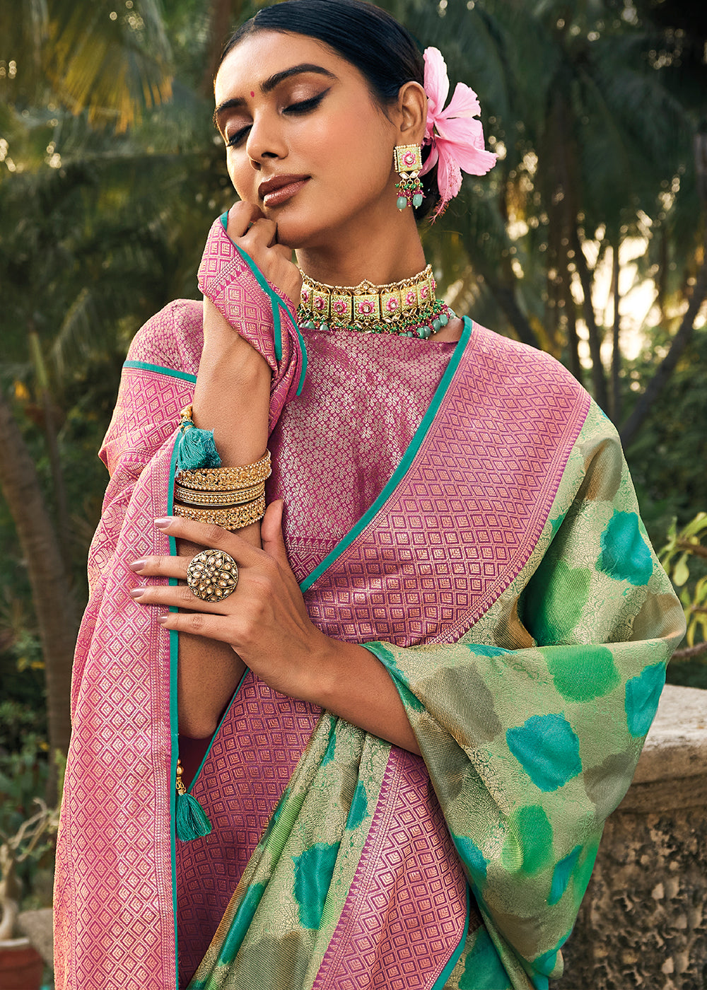 Emerald Enchantment: Green Woven Banarasi Organza Silk Saree