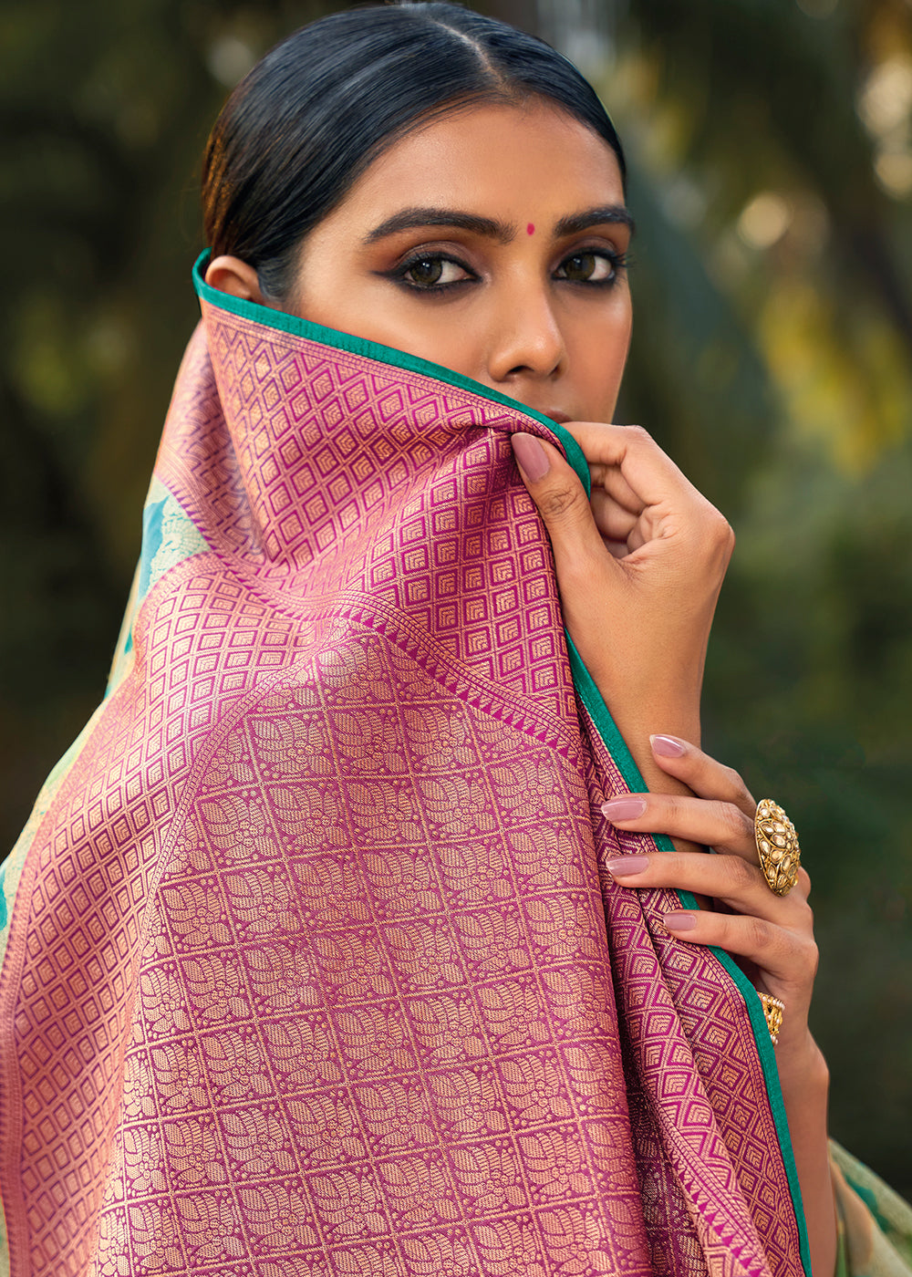 Emerald Enchantment: Green Woven Banarasi Organza Silk Saree