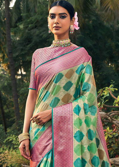 Emerald Enchantment: Green Woven Banarasi Organza Silk Saree