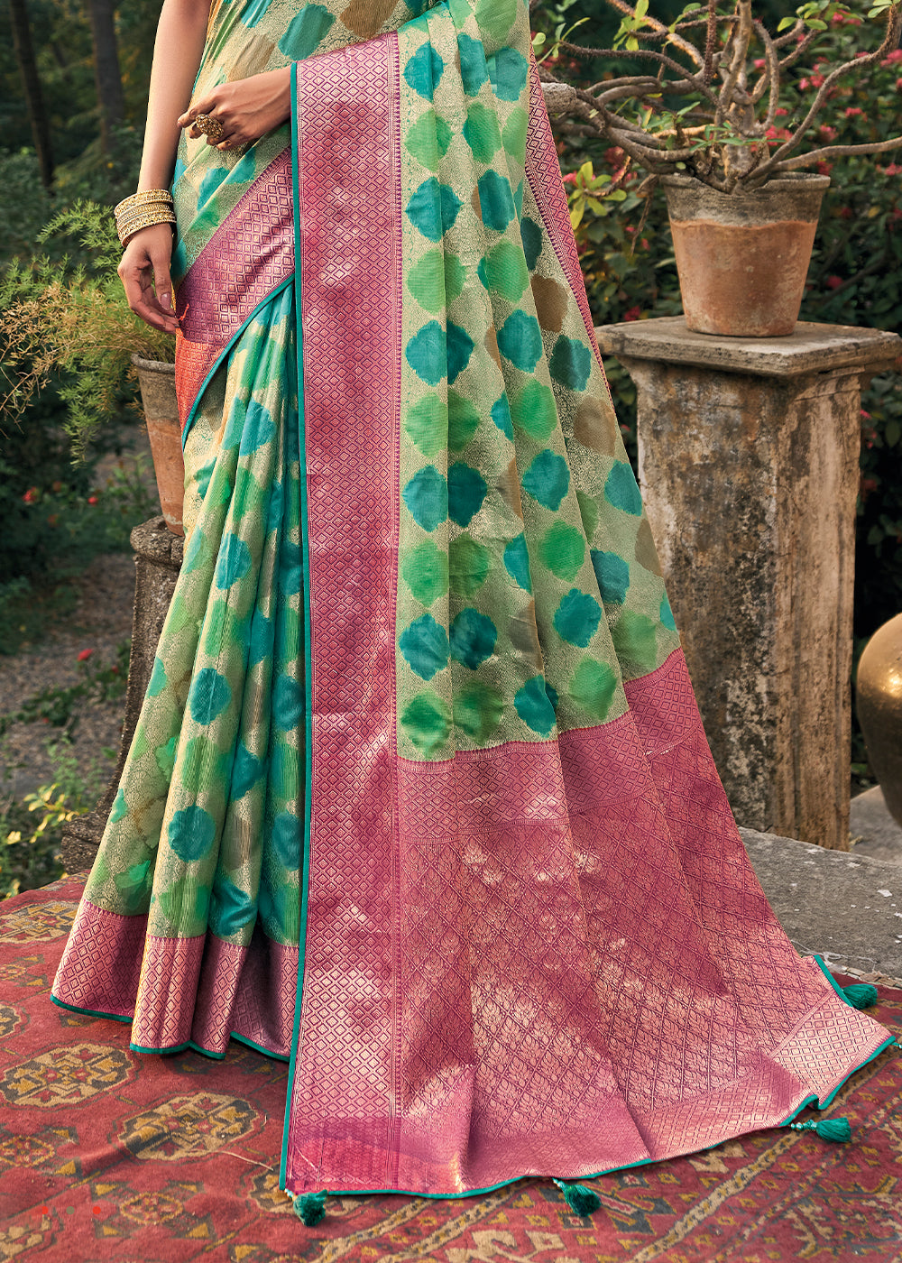 Emerald Enchantment: Green Woven Banarasi Organza Silk Saree