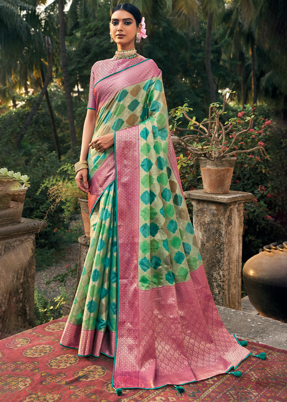 Emerald Enchantment: Green Woven Banarasi Organza Silk Saree