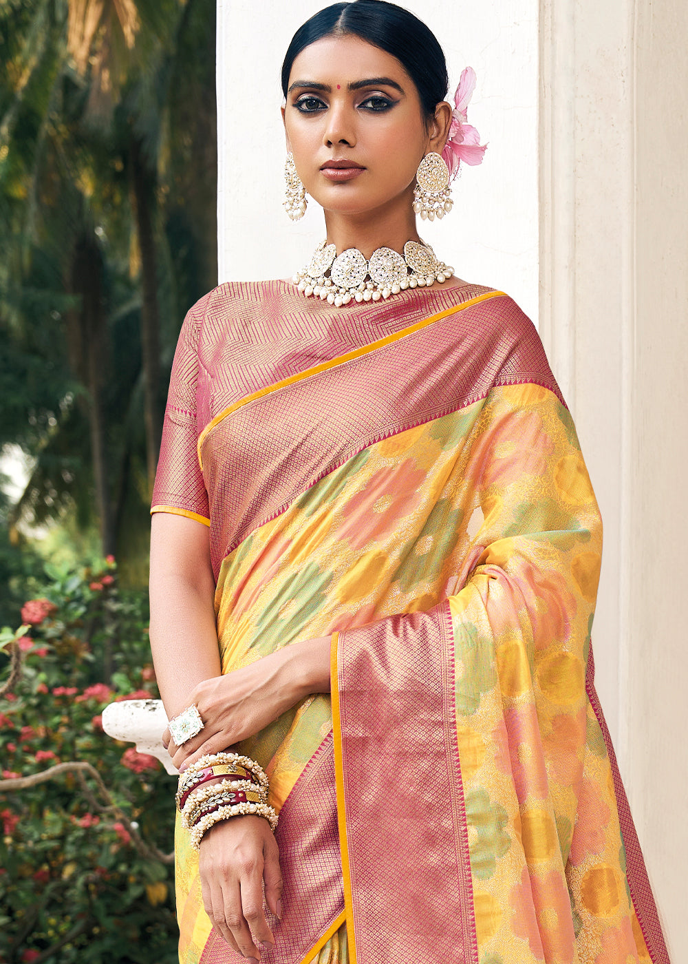 Sunlit Splendor: Yellow Woven Banarasi Organza Silk Sare