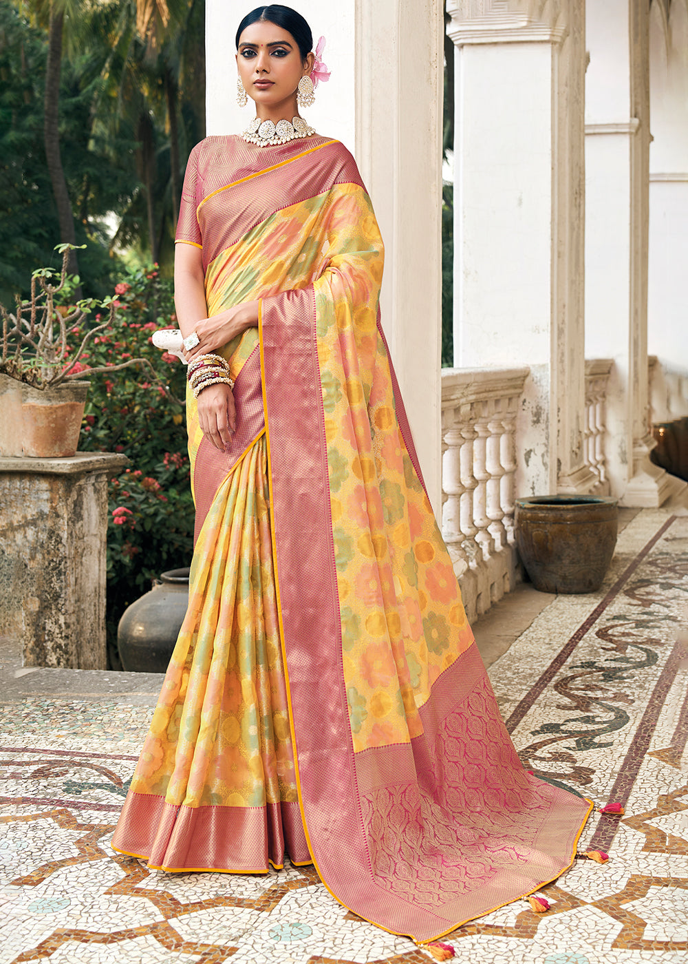 Sunlit Splendor: Yellow Woven Banarasi Organza Silk Sare