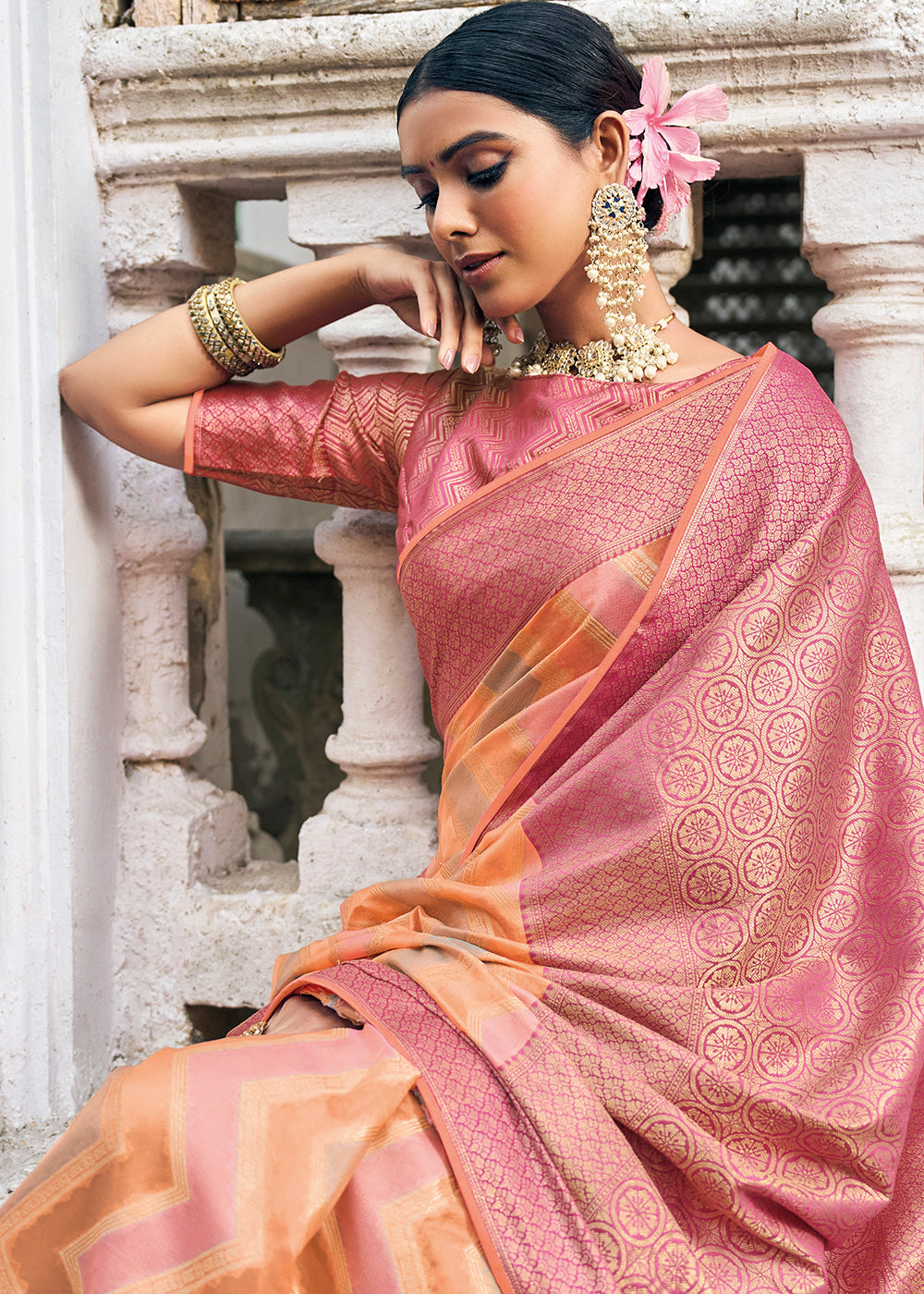 Tangerine Dreams: Orange Woven Banarasi Organza Silk Saree