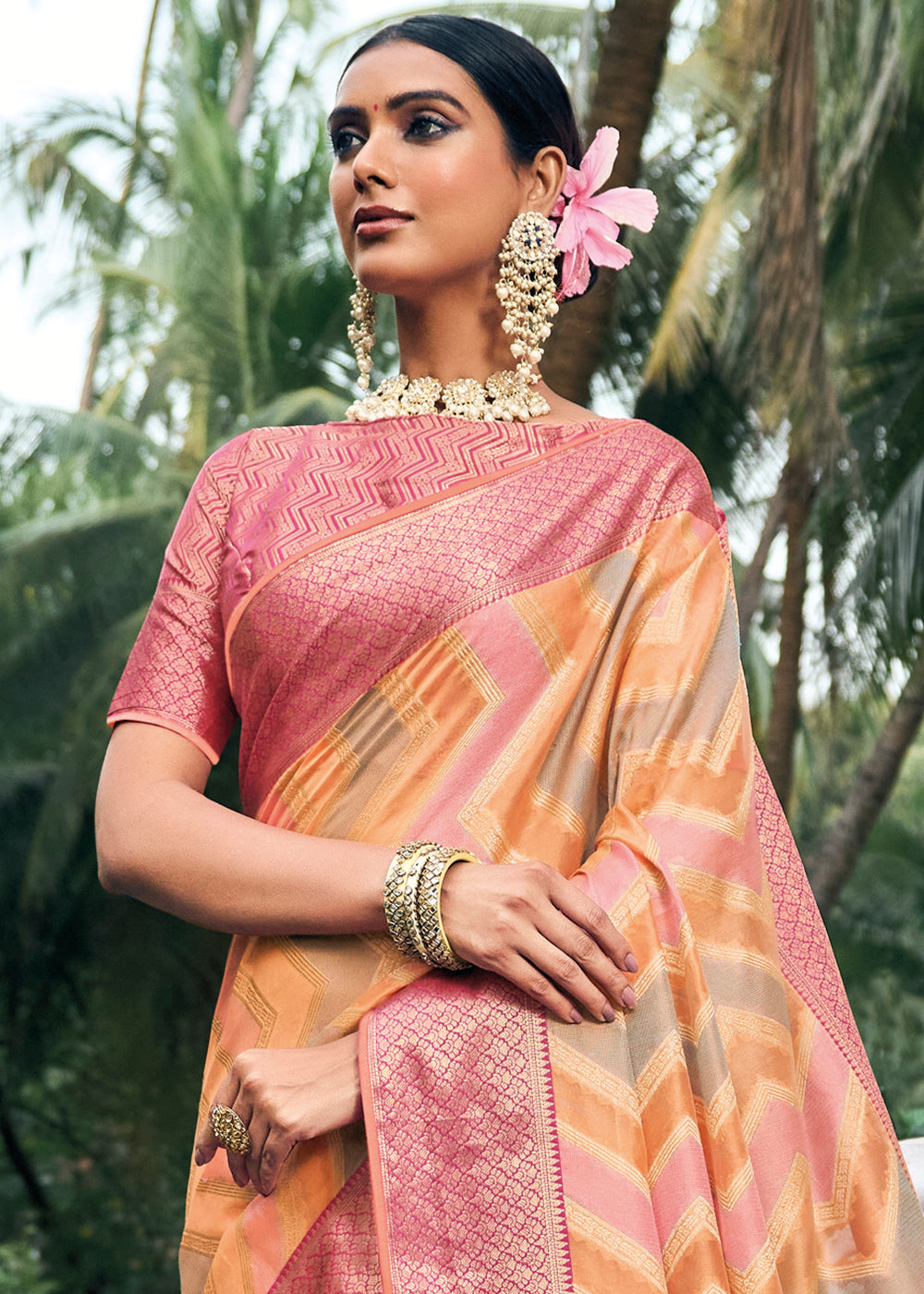 Tangerine Dreams: Orange Woven Banarasi Organza Silk Saree