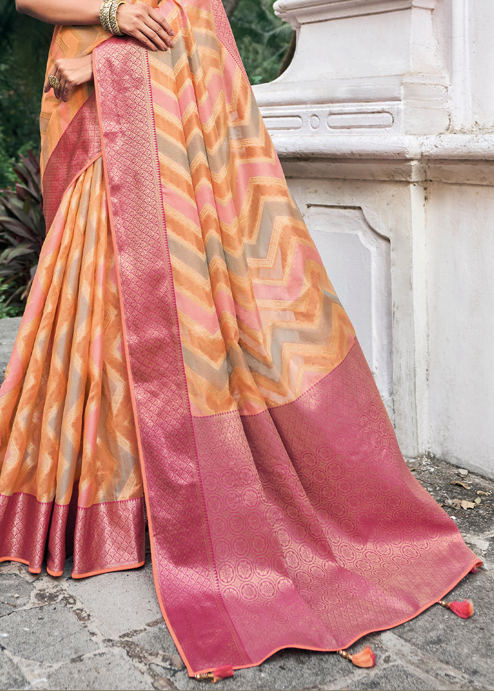 Tangerine Dreams: Orange Woven Banarasi Organza Silk Saree