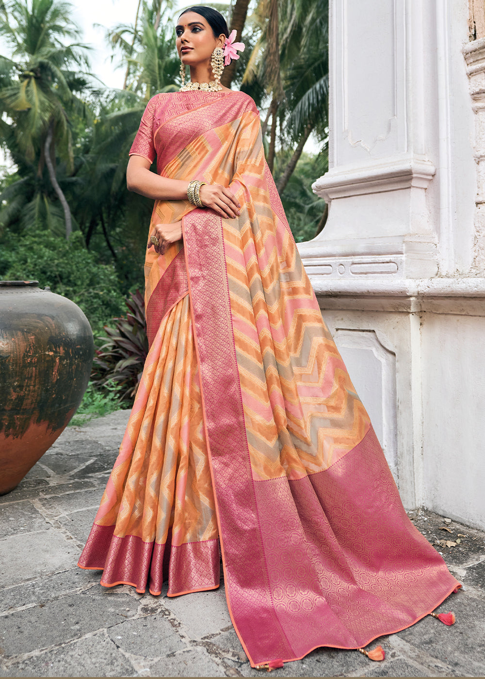 Tangerine Dreams: Orange Woven Banarasi Organza Silk Saree