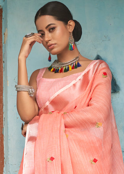 Whispers of Spring: A Light Peach Linen Saree for Effortless Elegance
