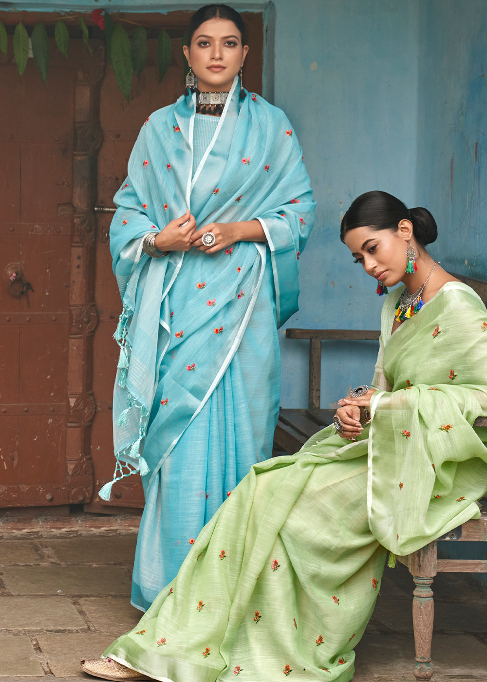 Serene Skies: A Sky Blue Linen Saree for Tranquil Beauty