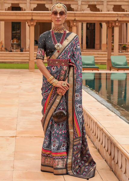 Elegant Charcoal Patola: A Woven Silk Saree for Sophisticated Style