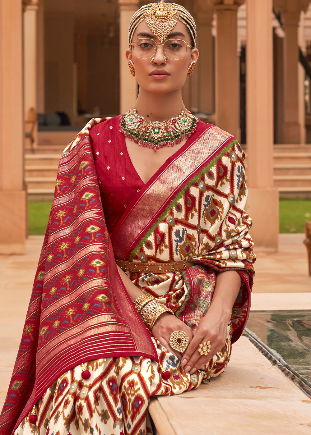 Regal Fusion: Beige and Maroon Woven Patola Silk Saree for Exquisite Glamour