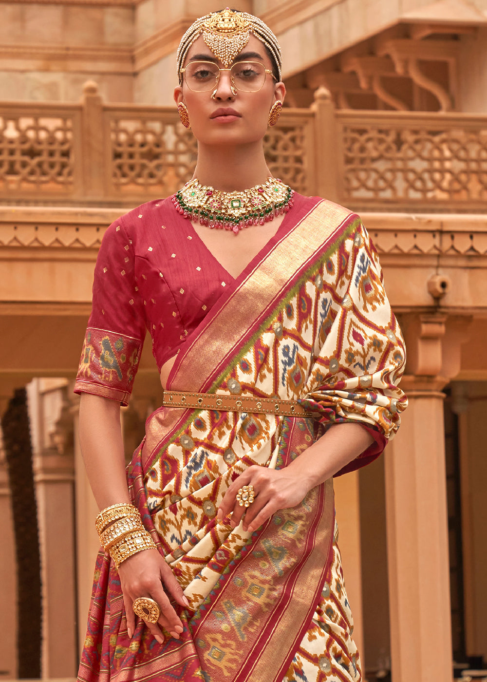 Regal Fusion: Beige and Maroon Woven Patola Silk Saree for Exquisite Glamour