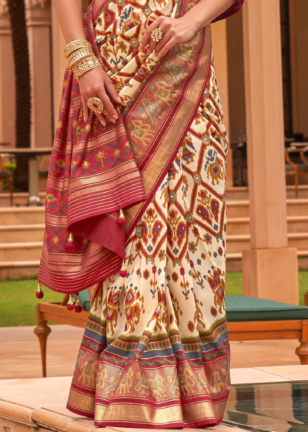 Regal Fusion: Beige and Maroon Woven Patola Silk Saree for Exquisite Glamour