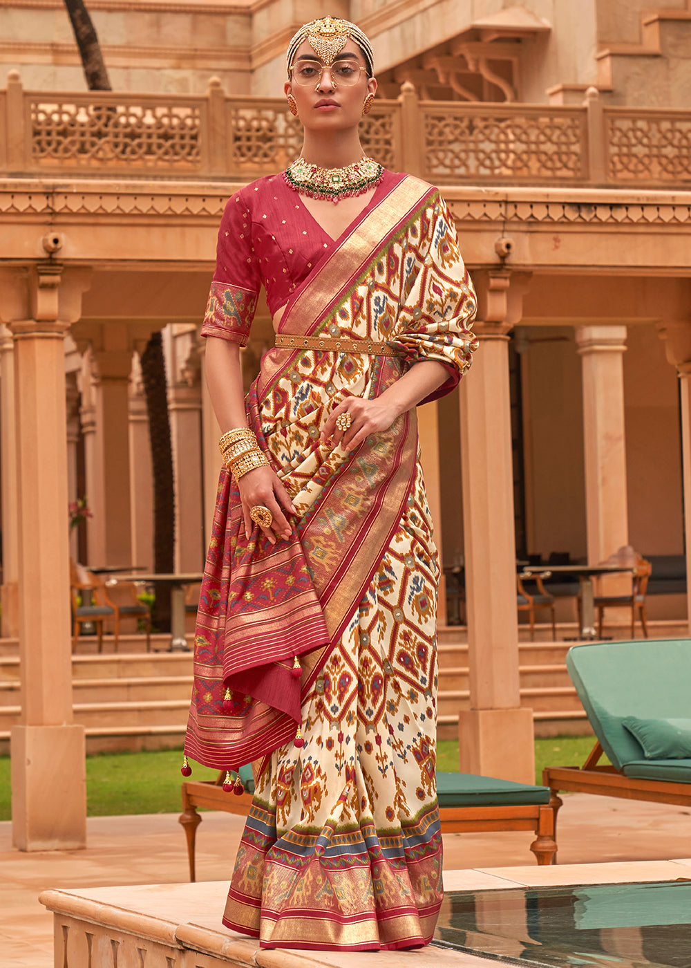 Regal Fusion: Beige and Maroon Woven Patola Silk Saree for Exquisite Glamour