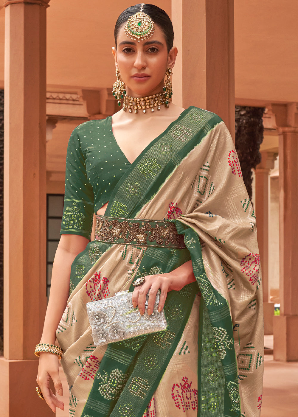 The Serene Beauty of Beige and Green Patola Saree