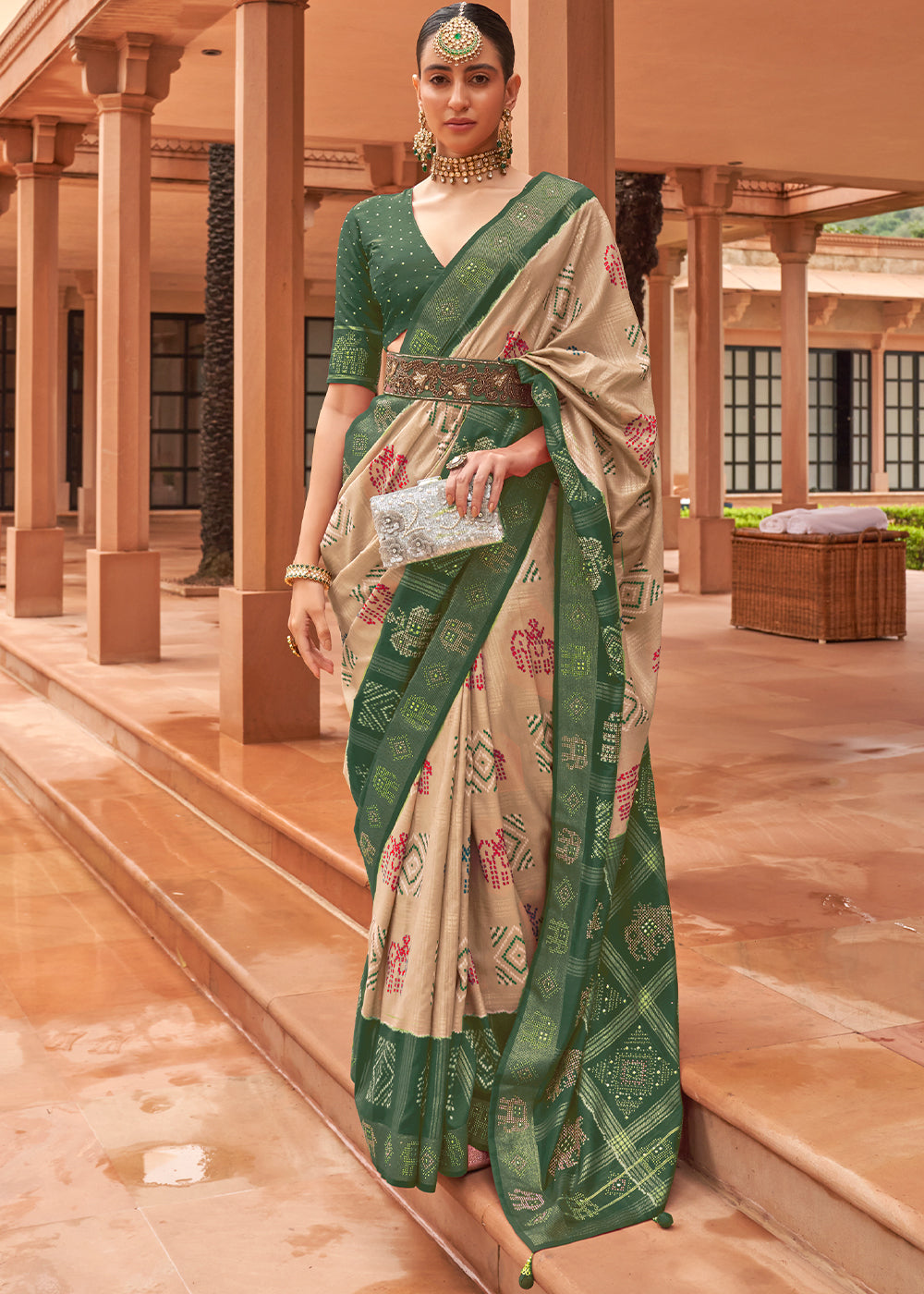 The Serene Beauty of Beige and Green Patola Saree