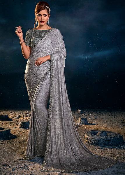 Elegant Silver Grey Festive Saree with Intricate Embroidery Detailing