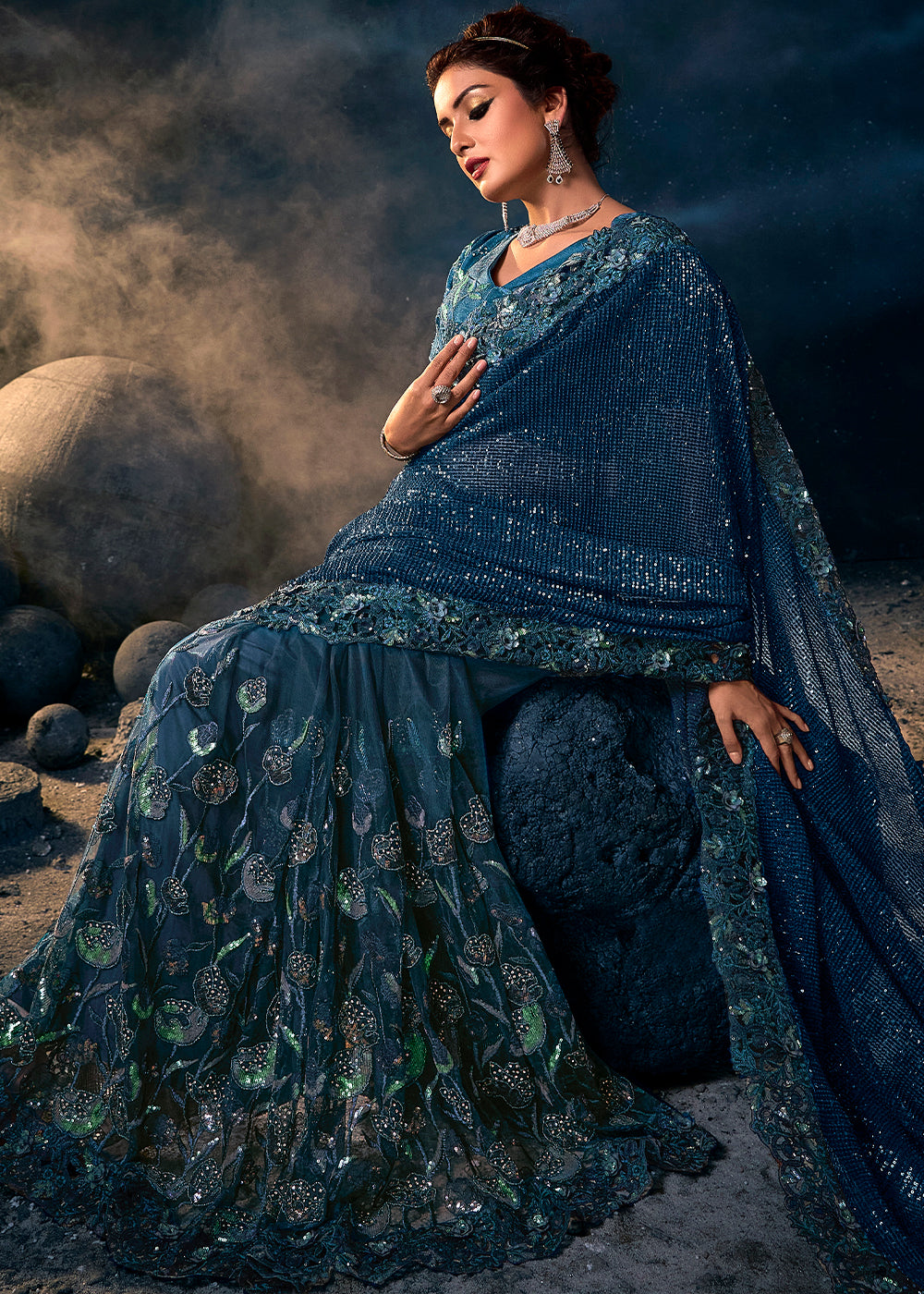 Stunning Blue Digital Net Saree with Moti and Heavy Embellishments