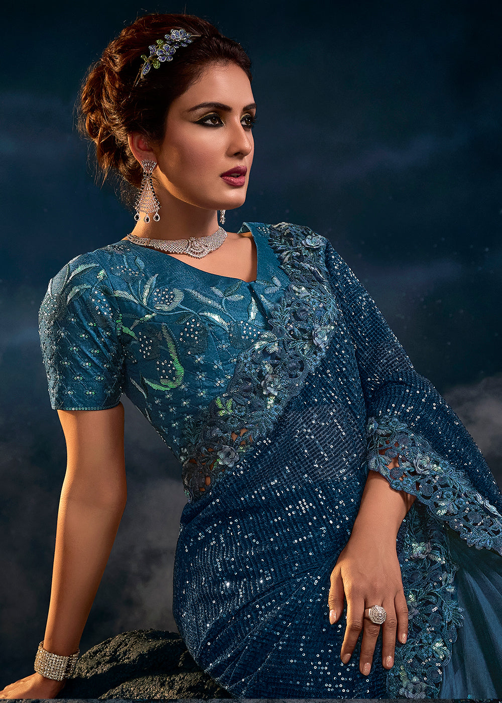 Stunning Blue Digital Net Saree with Moti and Heavy Embellishments