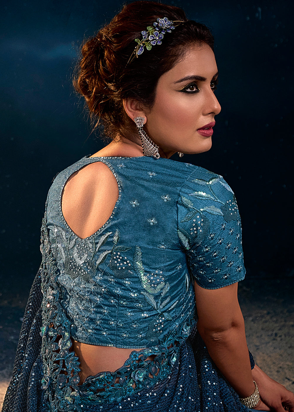 Stunning Blue Digital Net Saree with Moti and Heavy Embellishments