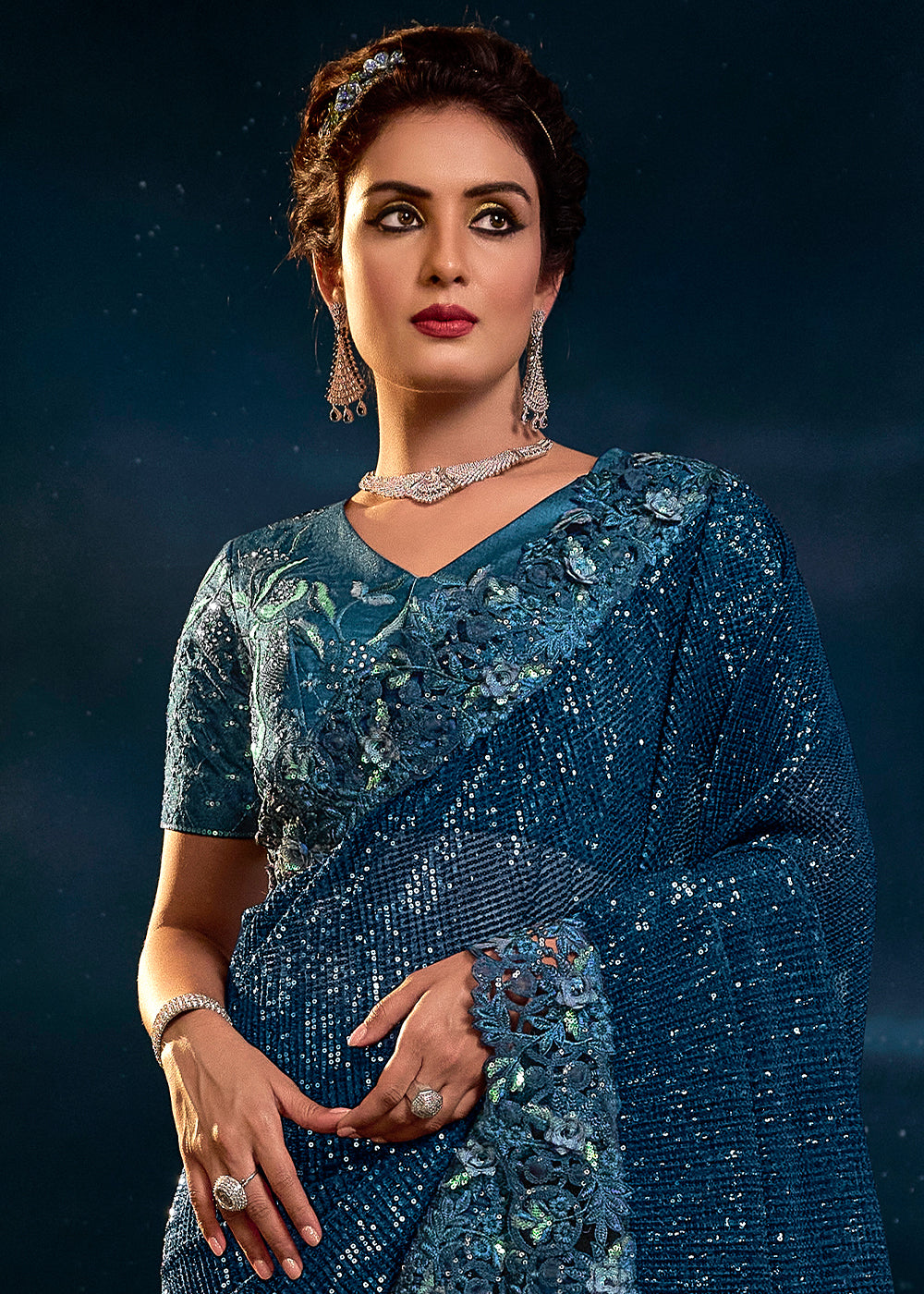 Stunning Blue Digital Net Saree with Moti and Heavy Embellishments