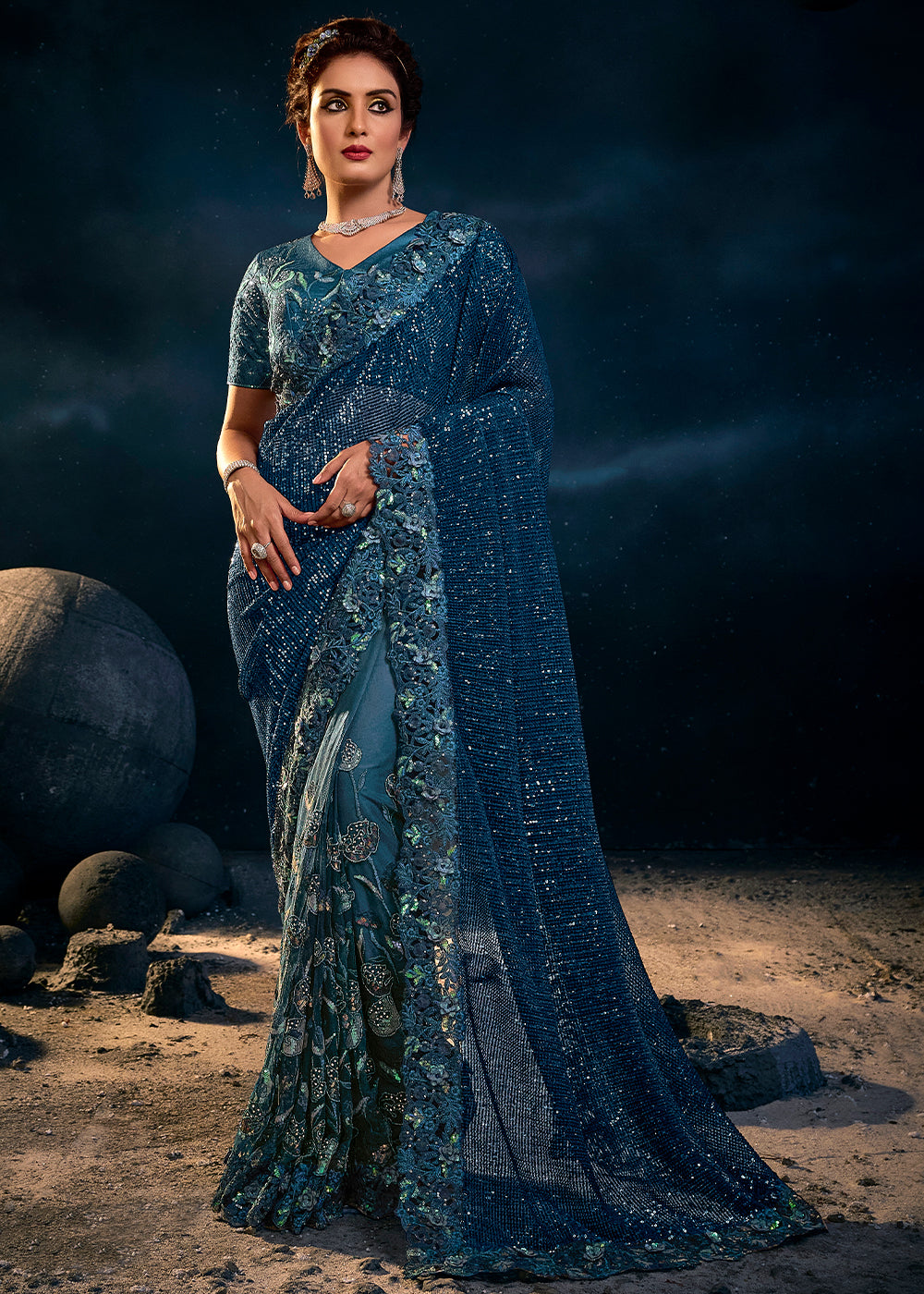 Stunning Blue Digital Net Saree with Moti and Heavy Embellishments