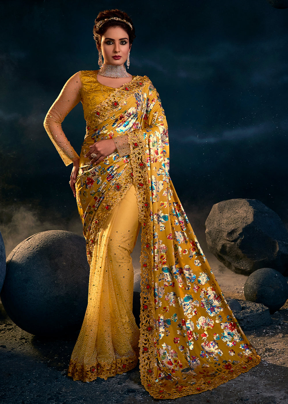 Mustard Yellow Embroidered Saree with Stunning Detailing